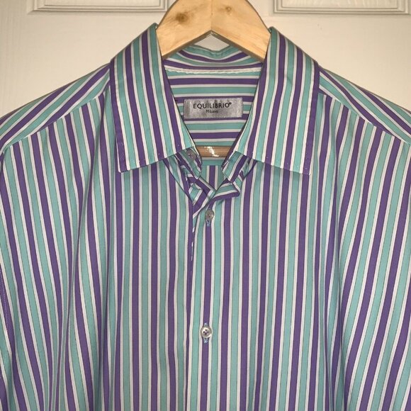 Equilibrio Milano Purple Teal Striped Button Down Long Sleeved Shirt Size Large - Picture 3 of 7